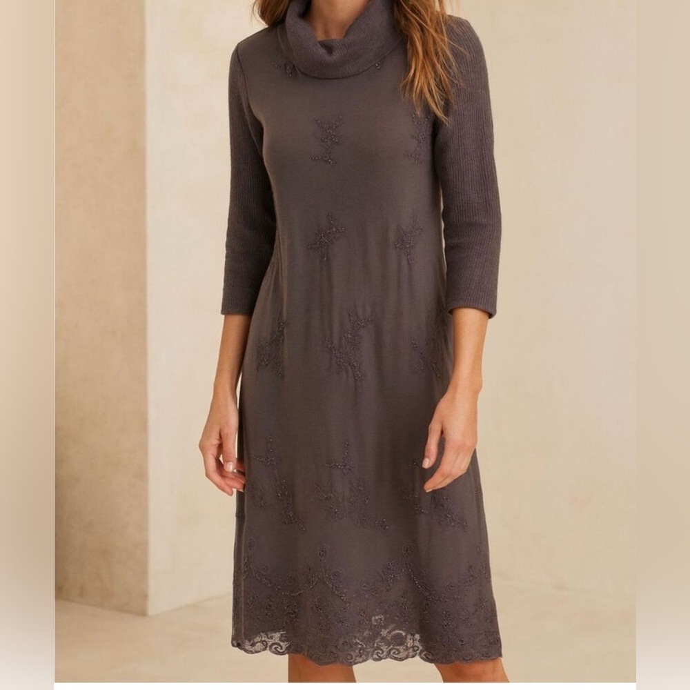 Sundance Brown Embroidered Turtleneck Dress - Mesh Overlay - Wool/Rabbit Hair -M